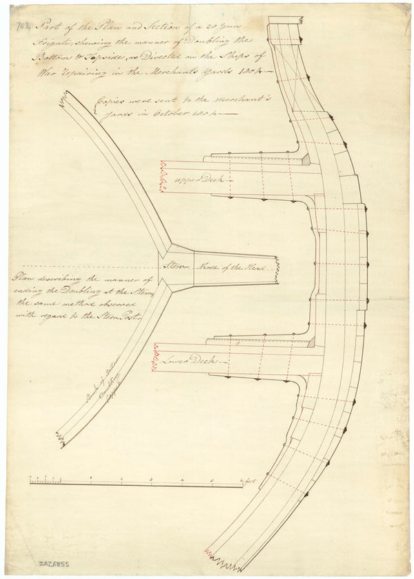 Plan showing two diagrams relating to the doubling of the bottom and topsides for 28-gun Fifth Rate Frigates repairing in Merchant Yards.