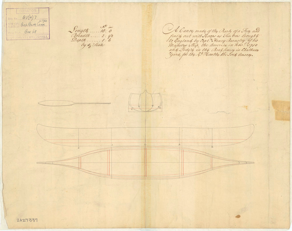 A plan showing the body plan, sheer lines, and longitudinal plan for an 18ft bark canoe