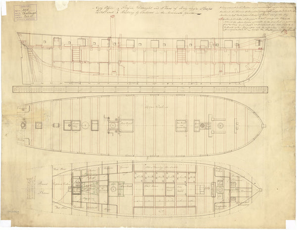 Inboard profile, upper deck, and lower deck plans with fore & aft platforms for Goshawk (1805) and Challenger (1806)