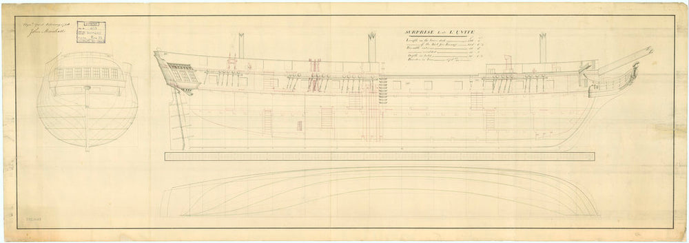 Plan of HMS 'Surprise', 1796,  lines and profile.