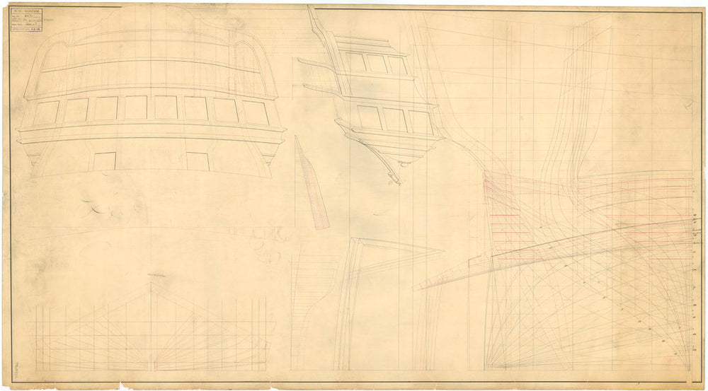 Stern board outline, quarter gallery outline, stern quarter lines elevation superimposed with the stern body plan, and longitudinal half-breadth for an unnamed large warship (possibly 80-guns), no date but watermarked 1818