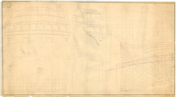 Stern board outline, quarter gallery outline, stern quarter lines elevation superimposed with the stern body plan, and longitudinal half-breadth for an unnamed large warship (possibly 80-guns), no date but watermarked 1818