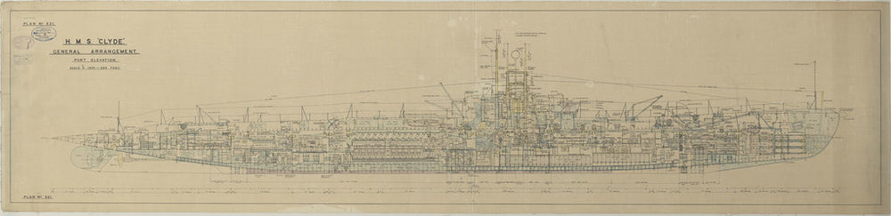 Inboard profile plan of HMS Clyde (1934), as fitted 1935