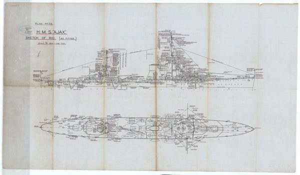 Sketch of rig (as fitted) for HMS Ajax (1934)
