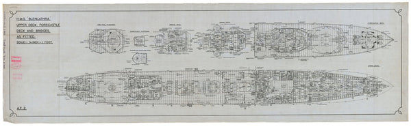 Upper deck, forecastle deck and bridges plan for HMS 'Blencathra' (1940), as fitted