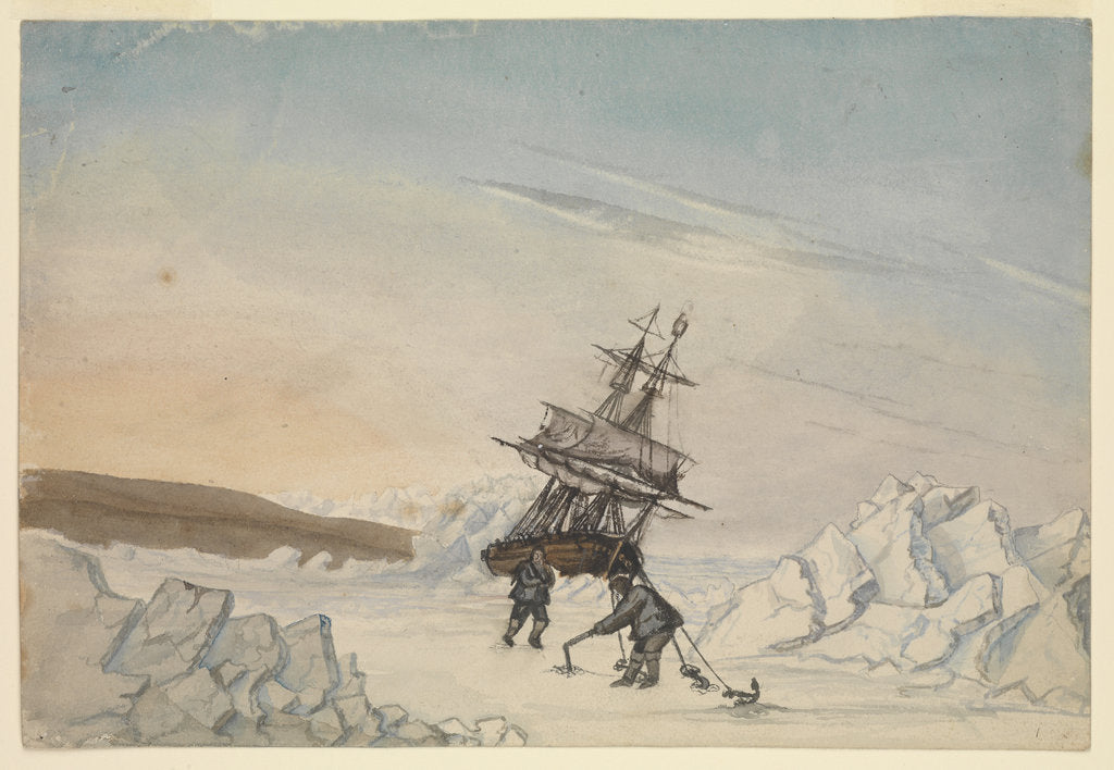 Detail of A ship stuck in the ice with two members of crew fixing the ship into ice with four fastenings by Edward Newell Harrison