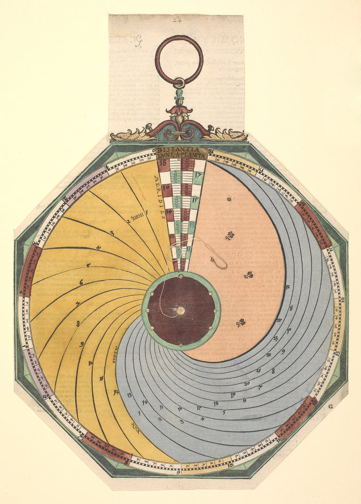 Detail of Volvelle to show how to find the time, in hours and minutes, in which the Moon reaches one of its aspects. The disc is fixed and is read by a wire in the centre by Peter Apian