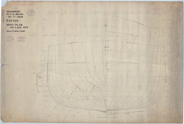 Body plan for HMS 'Exeter' (1928), as laid