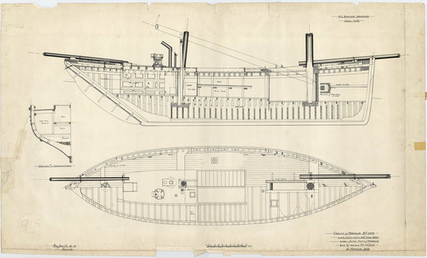Inboard profile, midships section and deck plan of Fidelity (1904), a Scottish Zulu