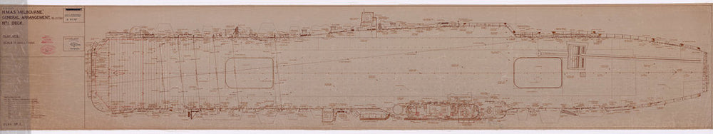 No. 1 [Flight] deck plan of HMAS Melbourne (completed 1955), as fitted 1956