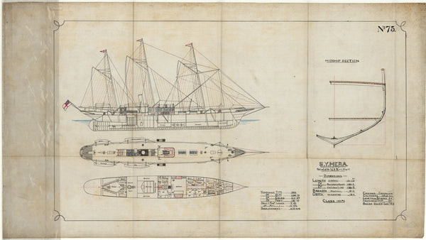 Folded plan showing the profile, deck and lower (cabin) deck, and midship section of 'Mera' (1886)