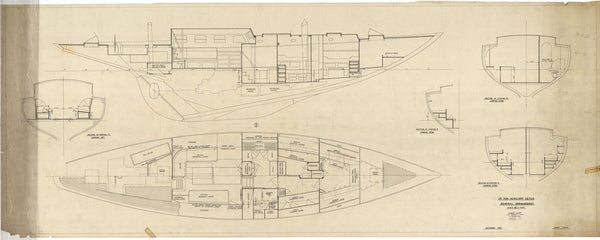 Inboard profile, cabin & sections plan for 'South Winds' (1950)
