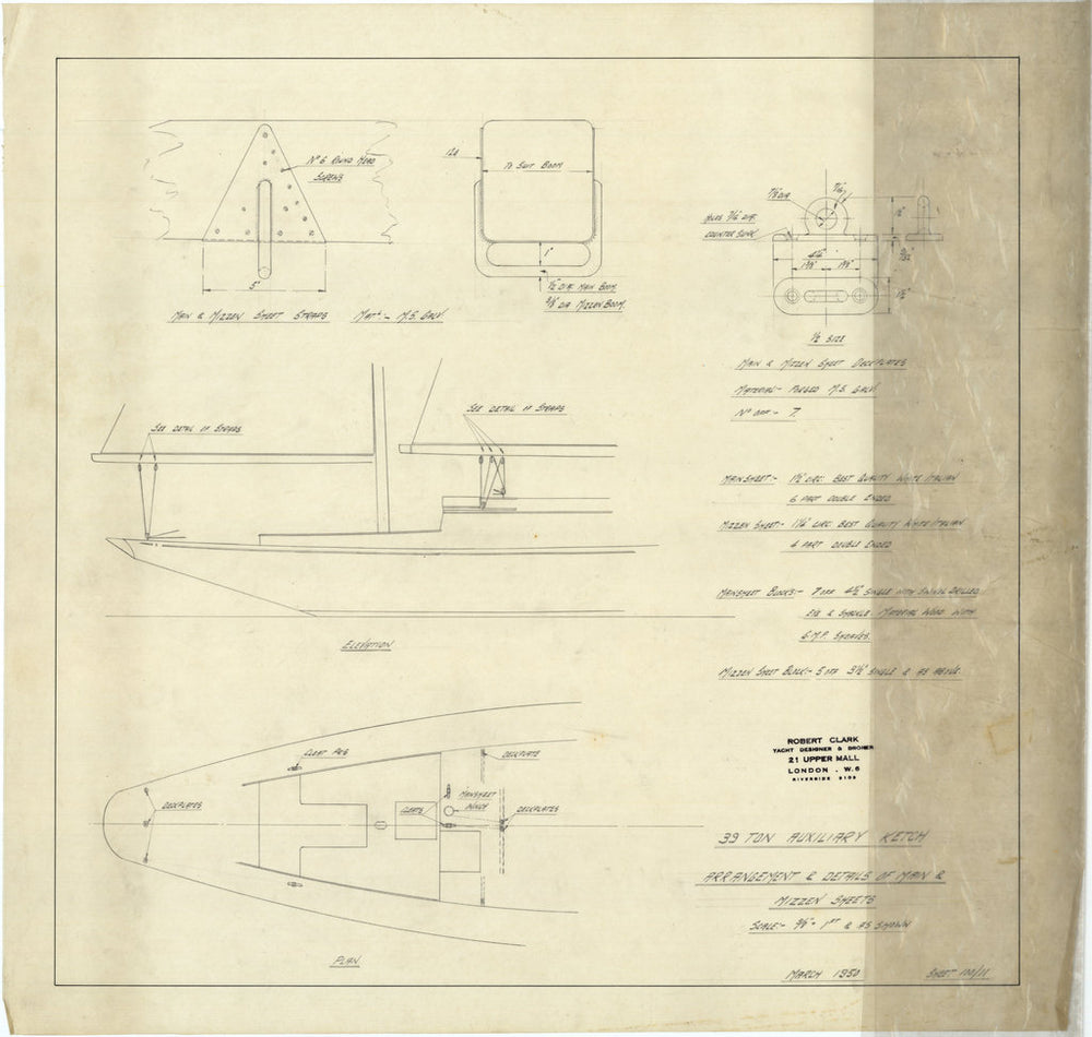 Arrangement & detail of main & mizzen sheets for 'South Winds' (1950)