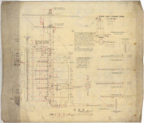 Stem post & rudder frame plan for passenger liner 'Emperor Nicholas II' (1895)