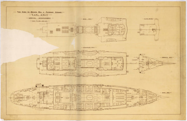 Bridge, forecastle & upper deck plan for Icebreaker 'Earl Grey' (1909)