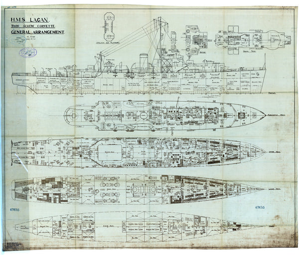 General Arrangement with profile and decks as fitted 1942 HMS 'Lagan' (1942)