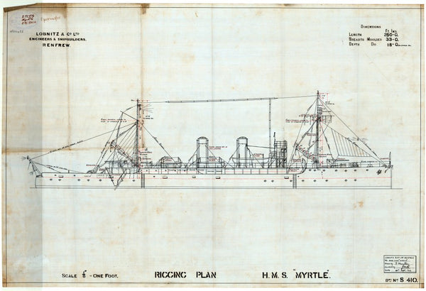 Rigging plan; outboard profile as fitted for HMS 'Myrtle'