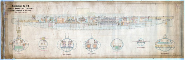 Inboard profile (hull only) & sections for H. M. Submarine 'E14'