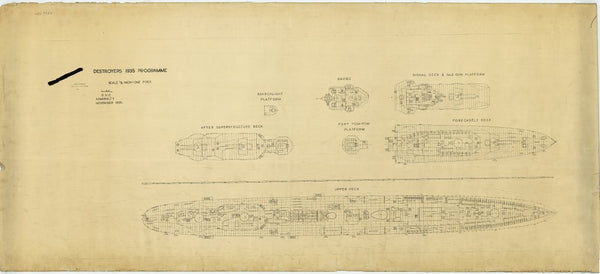Upper deck and superstructure plan for Tribal-class Destroyer Programme of 1935