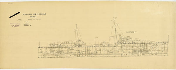 Plan showing the profile with some inboard detail for the Tribal-class Destroyer Programme of 1935