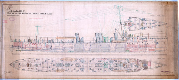 Profile, Upper and Bridge Decks plan for HMS 'Albacore'