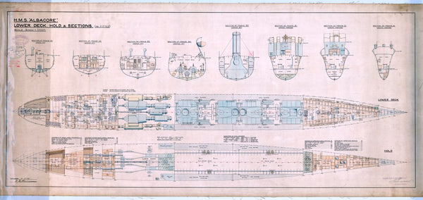Lower Deck, Hold and Sections plan for HMS 'Albacore'