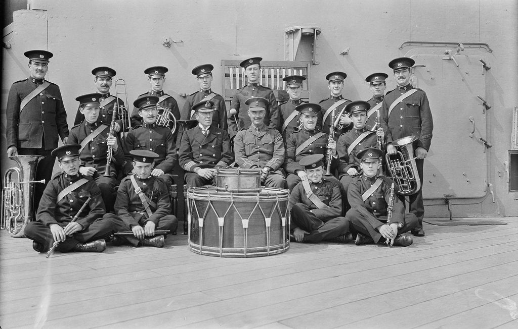 Detail of The Royal Marine Band with drums in the centre of the group on HMS 'Queen Elizabeth' (1913) by Commander Viscount Curzon