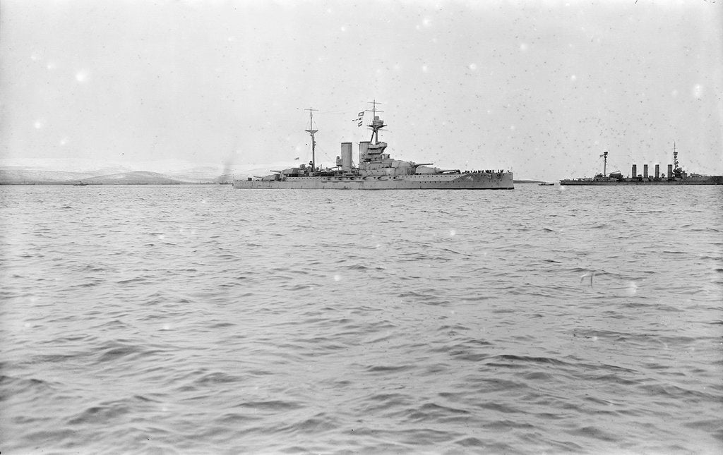 Detail of HMS Malaya (1915) in the foreground, armoured cruiser HMS Minotaur (1906) in the distance at anchor in Scapa Flow around February-April 1916 by unknown
