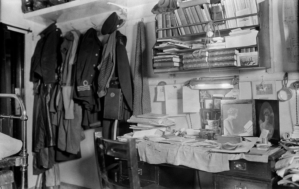 Detail of HMS 'Queen Elizabeth' (1913). The cabin of Commander the Viscount Curzon, RNVR, 12 April 1916. The First World War. by unknown