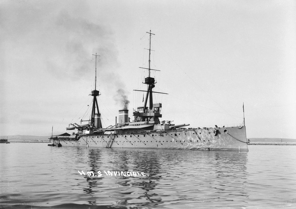 Detail of Battlecruiser HMS 'Invincible' (1907) in 1911-1912, at anchor with awnings rigged amidships and aft by unknown