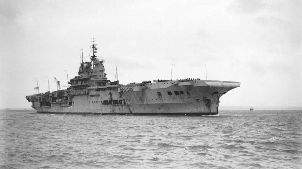 Detail of Aircraft carrier HMS 'Indomitable' (1940), under way, approaching Portsmouth harbour by Anonymous
