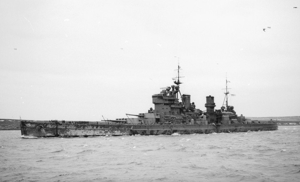 Detail of HMS 'King George V' (Br, 1939), under way, bound out at Scapa Flow, 2 April 1941 by unknown