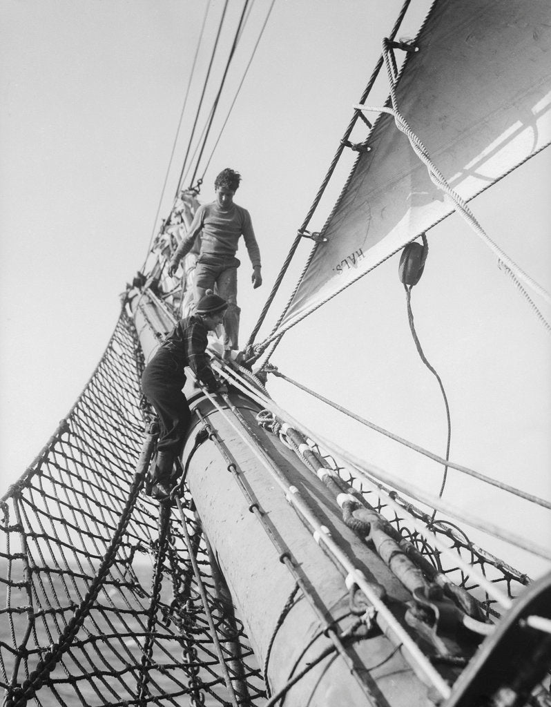 Detail of Apprentices on the bowsprit by Alan Villiers