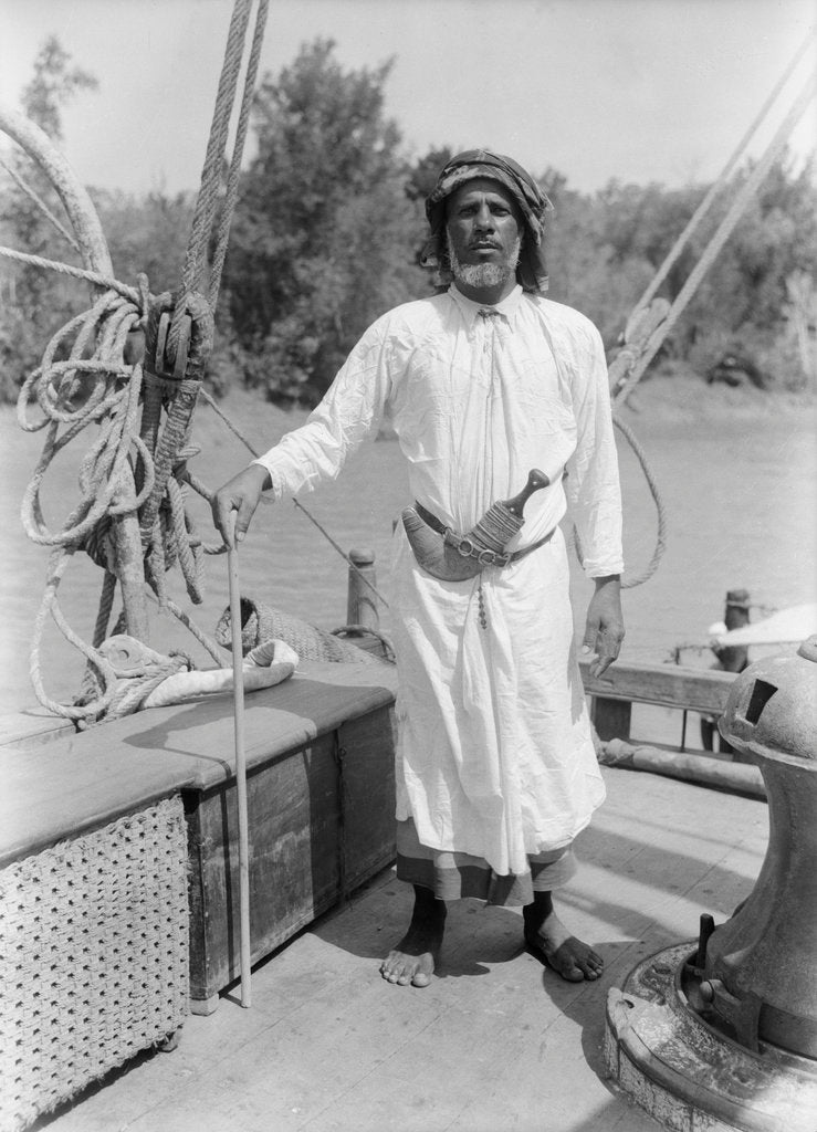 Detail of Mubarak, native of Sur in eastern Oman, piloted the 'Triumph of Righteousness' on the voyage to the Rufiji by Alan Villiers
