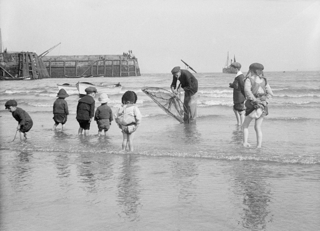Detail of Boys and girls watch intently as a local fisherman wields his net in Scarborough, Yorkshire by Samuel Coupe Fox