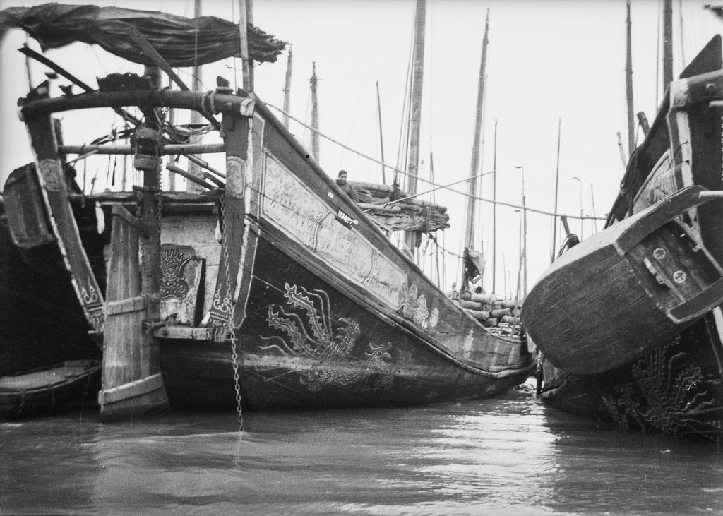 Detail of A starboard quarter view of an Hangchow Bay trader type junk moored with other junks at Shanghai by David Watkin Waters