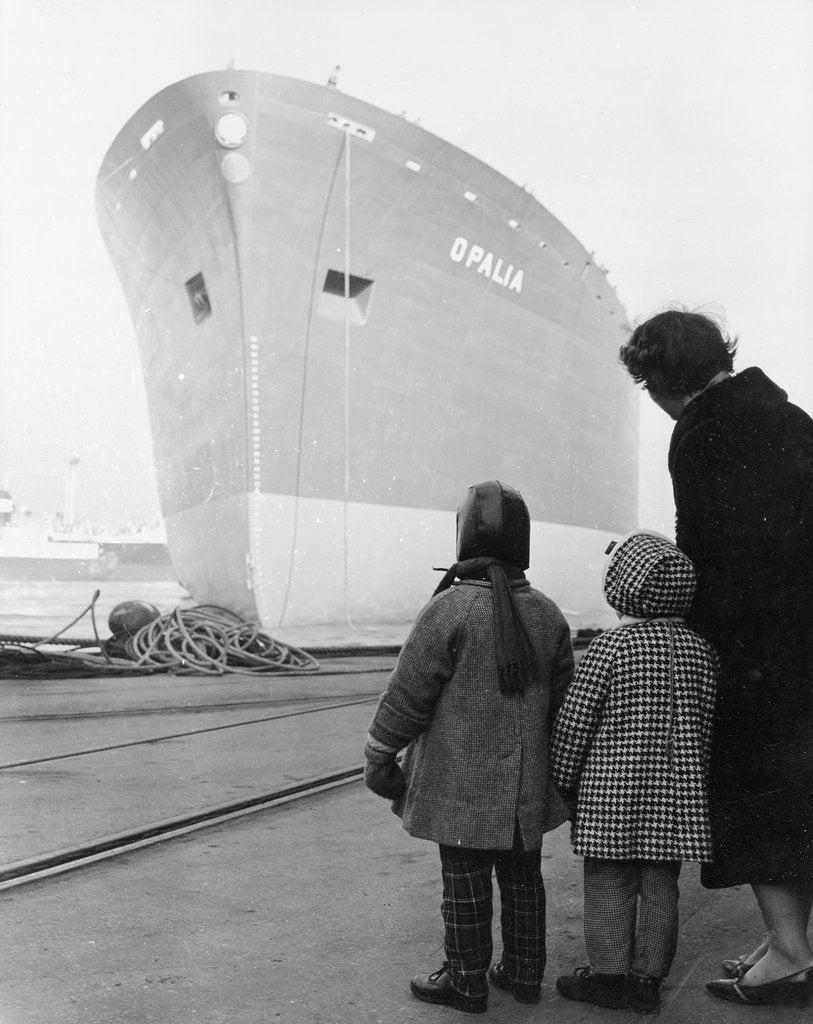 Detail of A port direct at bow view of 'Opalia' (1963); At the end of the ways, having just taken the water afterlaunching. A copy negative by unknown