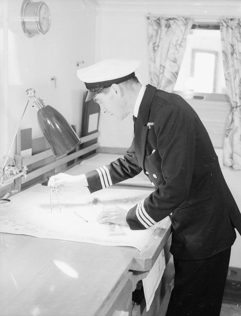 Detail of A ship's officer at the chart table of passenger liner 'Kenya' (1951) by unknown