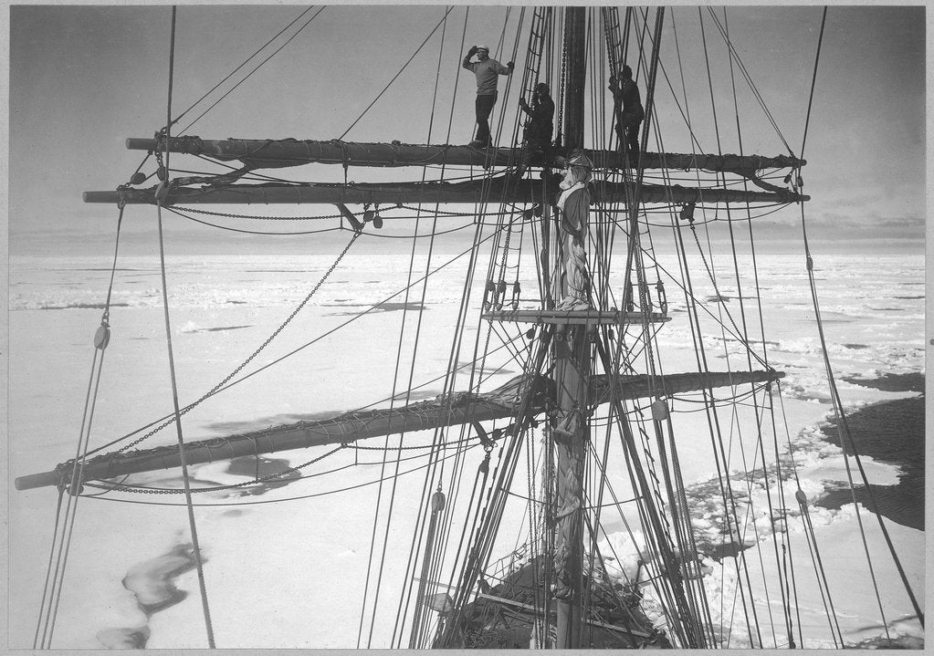 Detail of In the ice-pack, from the main-top of the 'Terra Nova' (1884) (Gran, Taylor & Wright on yard) by Herbert George Ponting