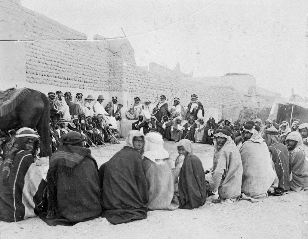 Detail of Mubarak Al-Sabah (Sheikh of Kuwait from 1896-1915) holding an outside audience in Kuwait by unknown