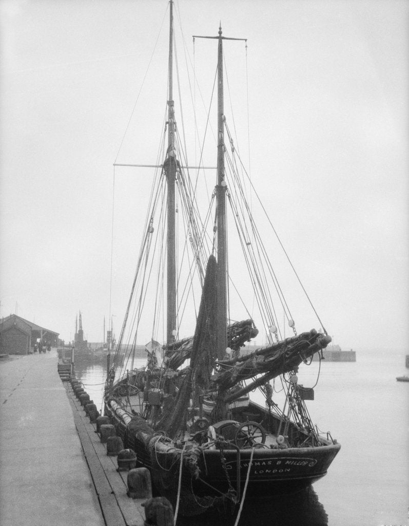 Detail of 'Thomas B. Miller' (Br, 1906) moored at unidentified quayside by unknown