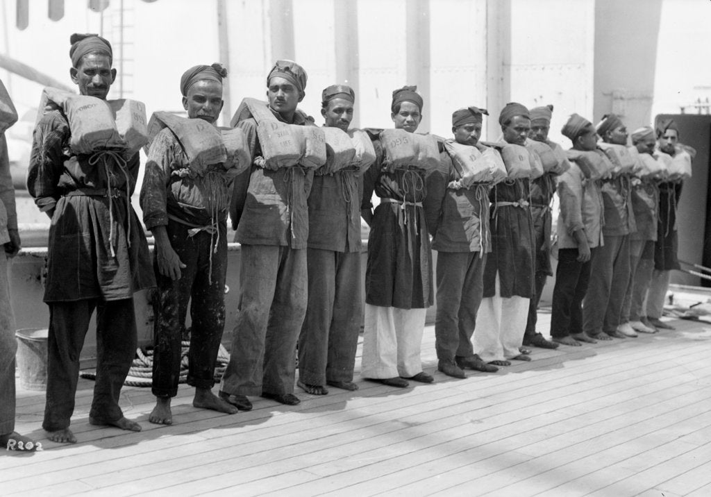 Detail of Crew wearing life jackets aboard the P&O passenger/cargo liner 'Viceroy of India' (Br, 1929) by unknown