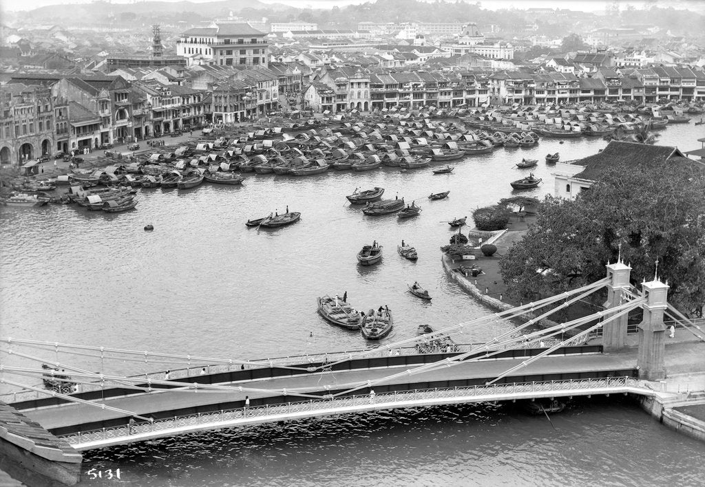 Detail of Boat Quay, across the Singapore River, featuring rows of traditional Indian shophouses by Marine Photo Service