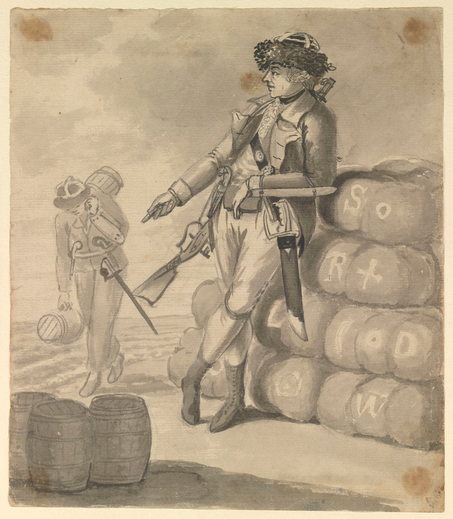 Detail of A Marine leaning on a pile of bales, with a seaman carrying kegs in the background by Gabriel Bray