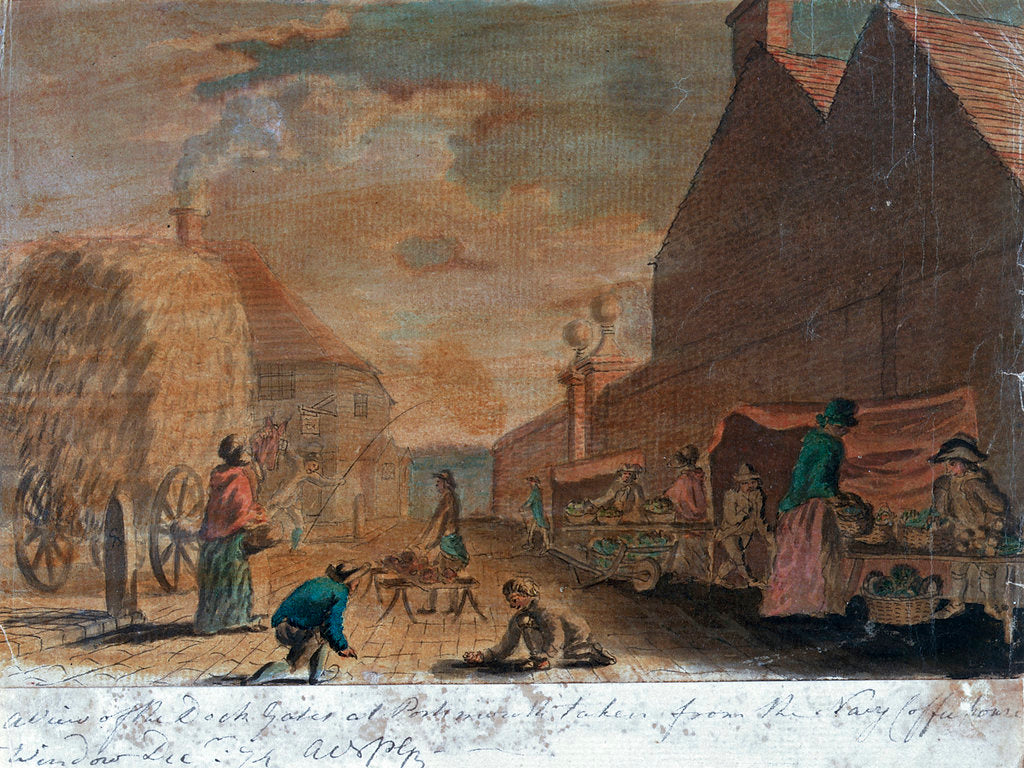 Detail of A view of the dock gates at Portsmouth taken from the Navy Coffee house window, December 1774 by Gabriel Bray