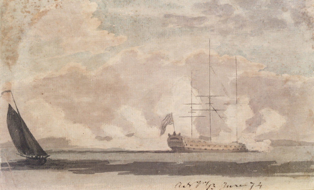 Detail of Anchored warship firing a salute by Gabriel Bray