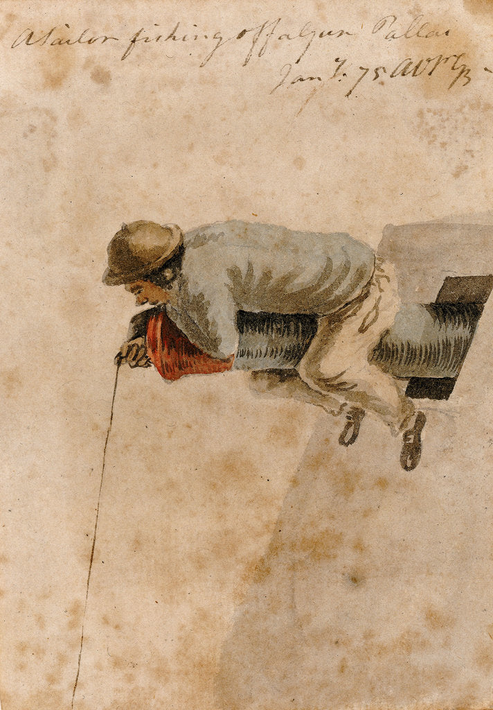Detail of Bray Album: 'A Seaman fishing off a gun, January 1775' by Gabriel Bray