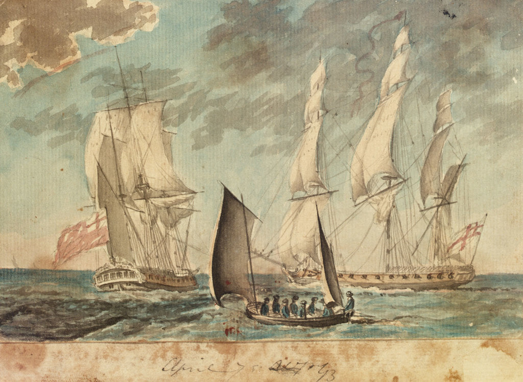 Detail of Two small Royal Navy frigates by Gabriel Bray