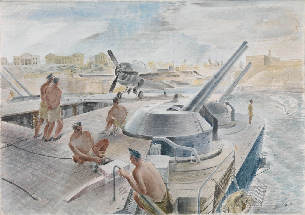 Detail of 'Illustrious' returns to the Grand Harbour, Malta by Leslie Cole
