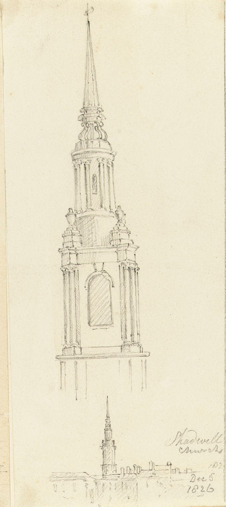 Detail of Shadwell church, and an enlargement of the spire, 5 December 1826 by Edward William Cooke